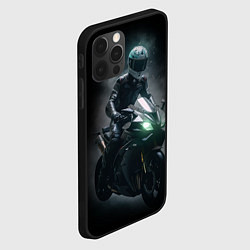 Чехол для iPhone 12 Pro Max Мотоциклист на спортивном байке черный фон, цвет: 3D-черный — фото 2