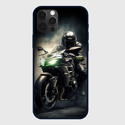 Чехол для iPhone 12 Pro Max Мотоциклист на спортивном байке с зелеными фарами, цвет: 3D-черный