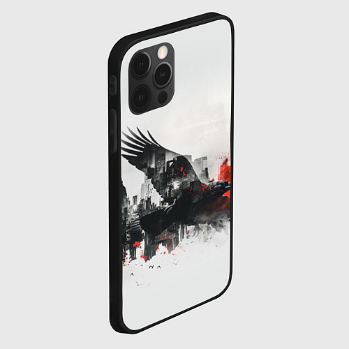 Чехол iPhone 12 Pro Max Летающий ворон и город / 3D-Черный – фото 2