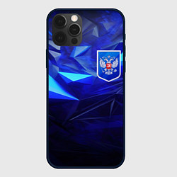 Чехол для iPhone 12 Pro Max Герб России на синей абстракции, цвет: 3D-черный