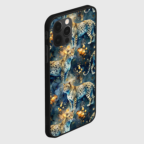 Чехол iPhone 12 Pro Max Леопард и золотые капли на синем фоне / 3D-Черный – фото 2