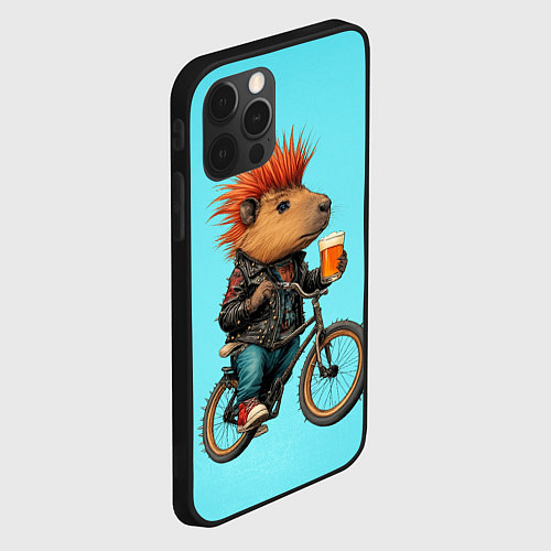 Чехол iPhone 12 Pro Max Капибара байкер с ирокезом и пивом / 3D-Черный – фото 2