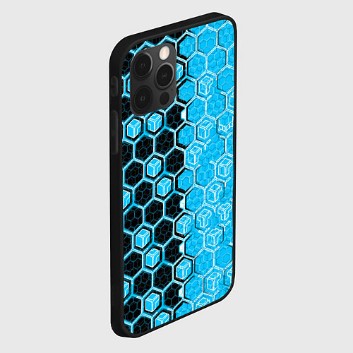 Чехол iPhone 12 Pro Max Техно-киберпанк шестиугольники голубой и чёрный / 3D-Черный – фото 2
