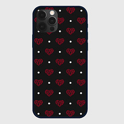 Чехол iPhone 12 Pro Max Красные сердечки и белые точки на черном