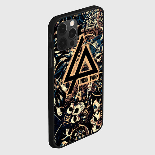 Чехол iPhone 12 Pro Max Linkin park на фоне рун масок черепов и молота тор / 3D-Черный – фото 2