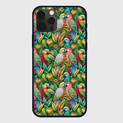 Чехол для iPhone 12 Pro Max Влюбленные попугаи в листьях, цвет: 3D-черный