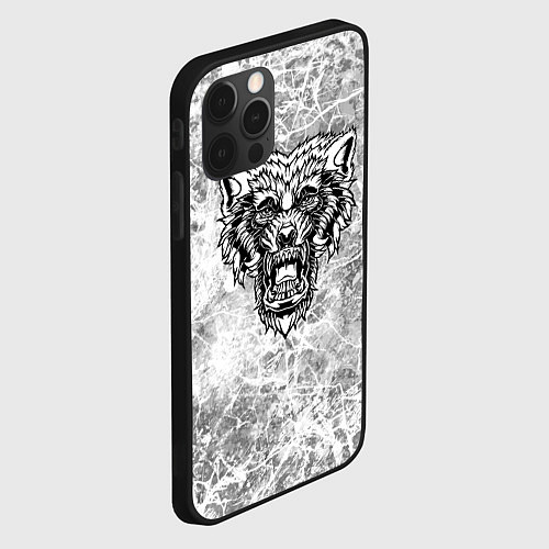 Чехол iPhone 12 Pro Max Черно-белый злой волк на сером фоне / 3D-Черный – фото 2