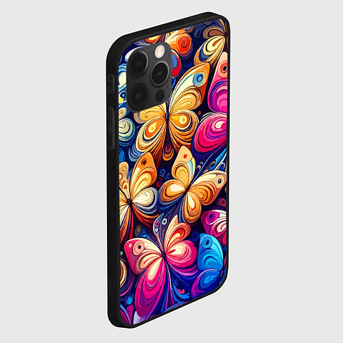 Чехол iPhone 12 Pro Max Разноцветные бабочки - нейросеть / 3D-Черный – фото 2