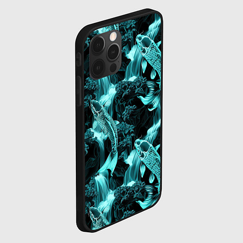 Чехол iPhone 12 Pro Max Карпы кои и водопад - бирюзовый неон / 3D-Черный – фото 2