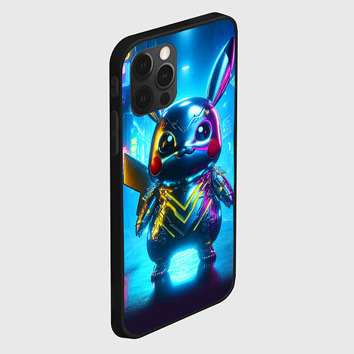 Чехол iPhone 12 Pro Max Neon cyber Pikachu made of metal steel - ai art / 3D-Черный – фото 2