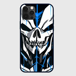 Чехол для iPhone 12 Pro Max Белый череп и синие полосы на чёрном фоне, цвет: 3D-черный