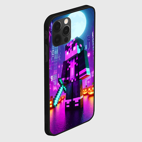 Чехол iPhone 12 Pro Max Чувак с мечом в неоновом городе - Майнкрафт / 3D-Черный – фото 2