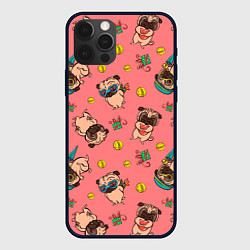 Чехол для iPhone 12 Pro Max Забавные мопсы паттерн, цвет: 3D-черный
