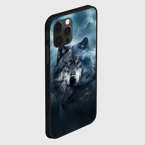 Чехол iPhone 12 Pro Max Волк ночью под луной / 3D-Черный – фото 2