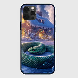 Чехол для iPhone 12 Pro Max Большая змея на фоне новогоднего дома, цвет: 3D-черный