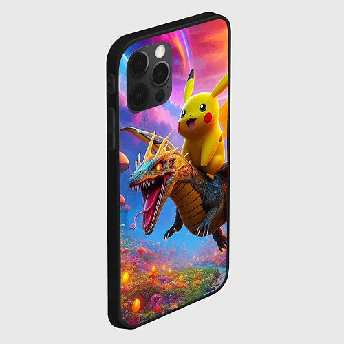 Чехол iPhone 12 Pro Max Пикачу летит на драконе среди грибов / 3D-Черный – фото 2
