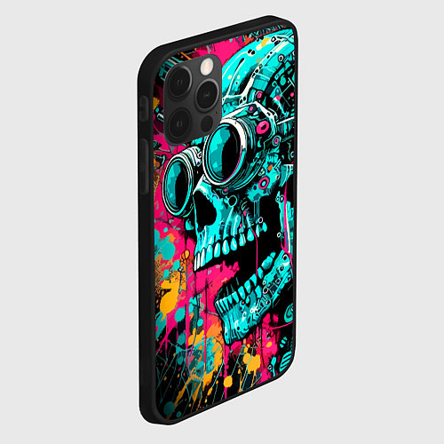 Чехол iPhone 12 Pro Max Cyber skull sketch - color blots / 3D-Черный – фото 2