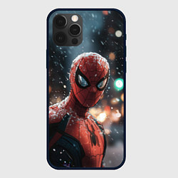 Чехол для iPhone 12 Pro Max Spider man на фоне снегопада, цвет: 3D-черный