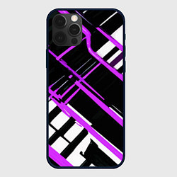 Чехол для iPhone 12 Pro Max Фиолетово-белые линии на чёрном фоне, цвет: 3D-черный