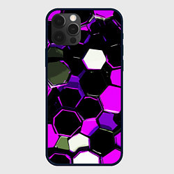 Чехол iPhone 12 Pro Max Розово-белые шестиугольники на чёрном фоне