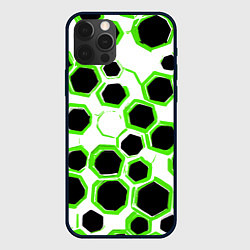 Чехол для iPhone 12 Pro Max Чёрно-зелёные шестиугольники на белом фоне, цвет: 3D-черный