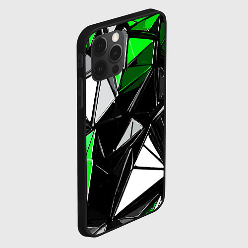 Чехол iPhone 12 Pro Max Зелёно-белые рельефные треугольники на чёрном фоне / 3D-Черный – фото 2