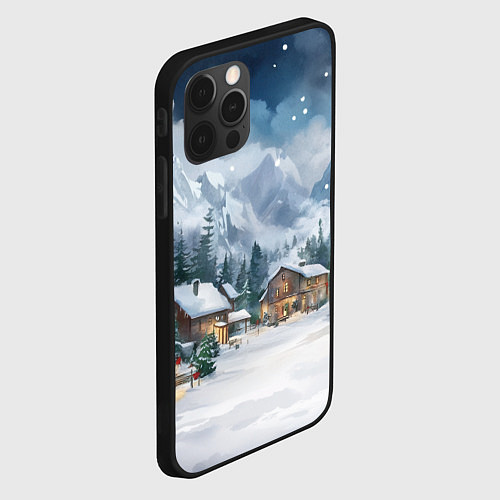 Чехол iPhone 12 Pro Max Новый год - домики в горах / 3D-Черный – фото 2