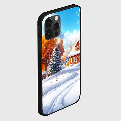 Чехол iPhone 12 Pro Max Новогодний пейзаж и домики / 3D-Черный – фото 2