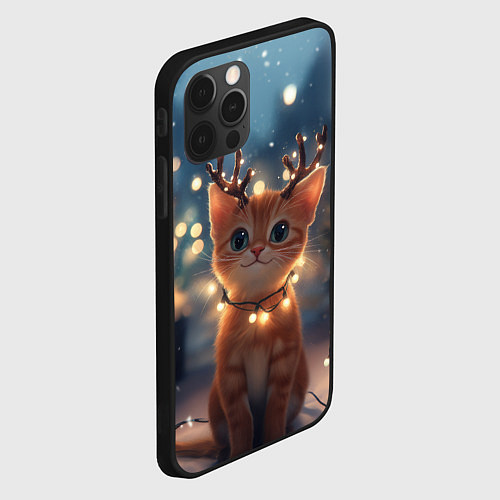 Чехол iPhone 12 Pro Max Котенок с новогодними рожками / 3D-Черный – фото 2