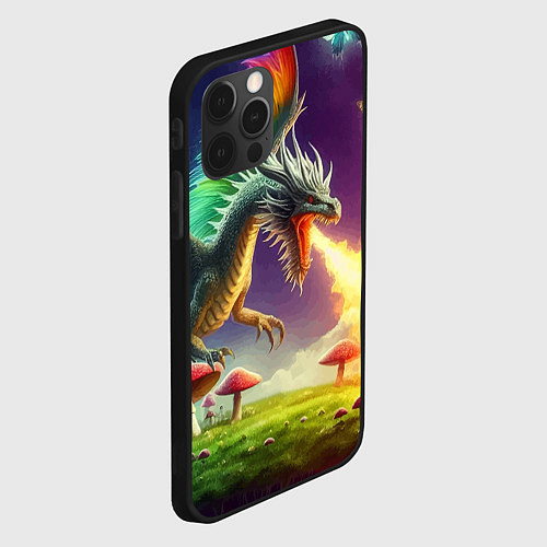 Чехол iPhone 12 Pro Max Огнедышащий дракон на грибной поляне / 3D-Черный – фото 2