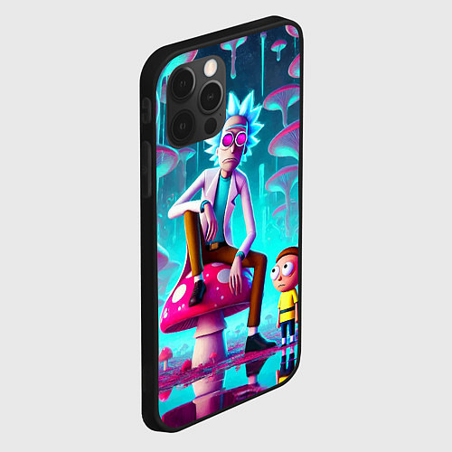 Чехол iPhone 12 Pro Max Рик и Морти у сказочного озера среди грибов / 3D-Черный – фото 2