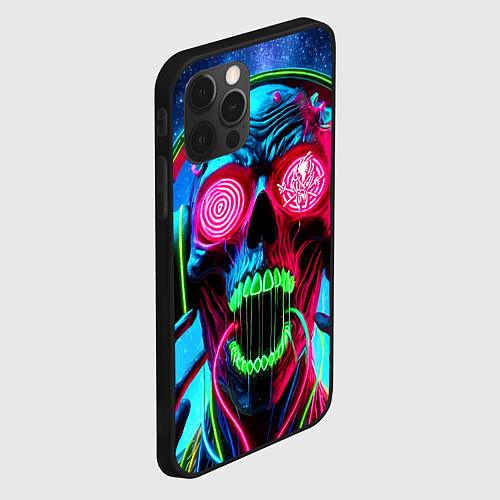 Чехол iPhone 12 Pro Max Metallica - neon skull with headphones / 3D-Черный – фото 2