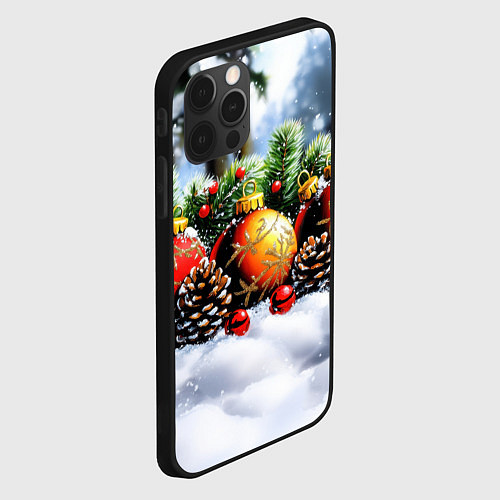 Чехол iPhone 12 Pro Max Красные и желтый новогодние шары / 3D-Черный – фото 2