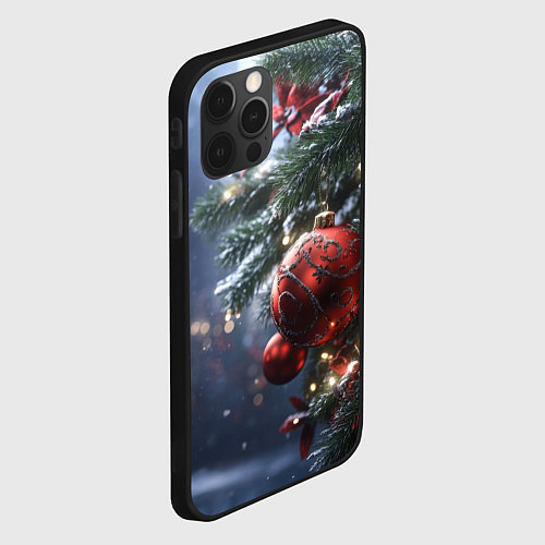 Чехол iPhone 12 Pro Max Красные новогодние шары с узорами / 3D-Черный – фото 2