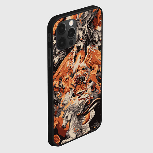 Чехол iPhone 12 Pro Max Логотип Queen на фоне мифических животных / 3D-Черный – фото 2