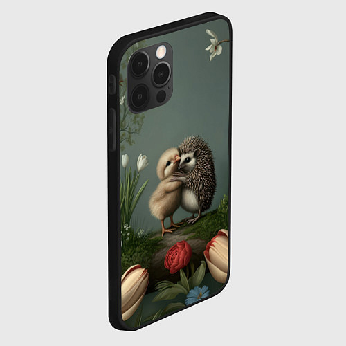 Чехол iPhone 12 Pro Max Ежик и цыпленок обнимаются / 3D-Черный – фото 2