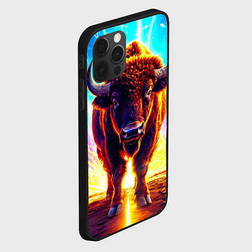 Чехол iPhone 12 Pro Max Буйвол в неонновых лучах / 3D-Черный – фото 2