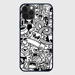 Чехол для iPhone 12 Pro Max Black and white doddle monsters, цвет: 3D-черный
