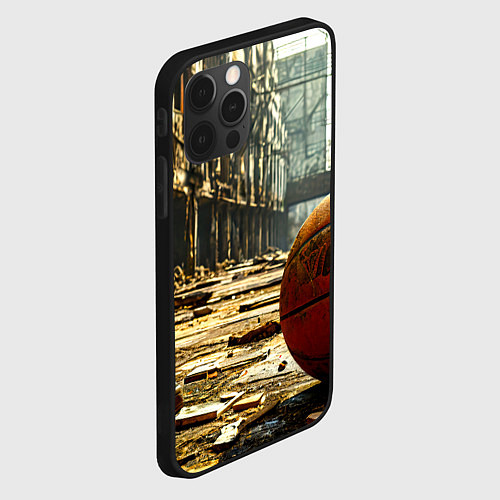 Чехол iPhone 12 Pro Max Баскетбольный мяч и город постапокалипсиса / 3D-Черный – фото 2