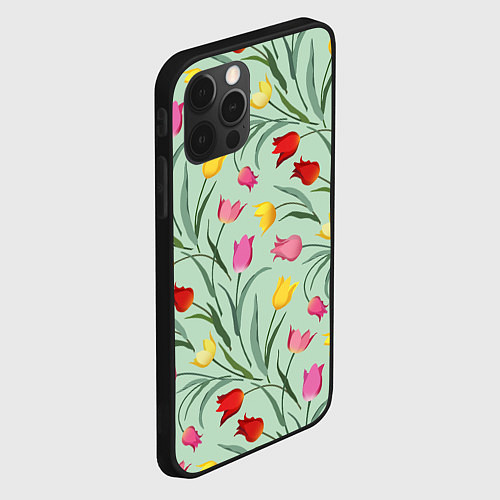 Чехол iPhone 12 Pro Max Тюльпаны цветочный паттерн на светло-зелёном фоне / 3D-Черный – фото 2