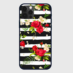 Чехол для iPhone 12 Pro Max Красные розы на черных полосках, цвет: 3D-черный