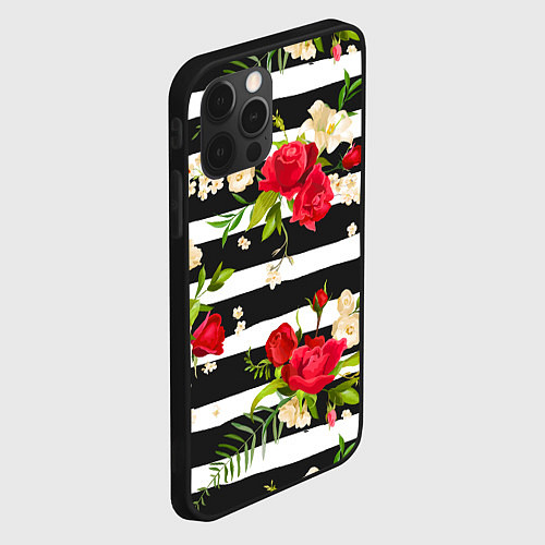 Чехол iPhone 12 Pro Max Красные розы на черных полосках / 3D-Черный – фото 2