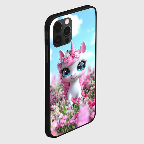 Чехол iPhone 12 Pro Max Единорожка в цветочках / 3D-Черный – фото 2