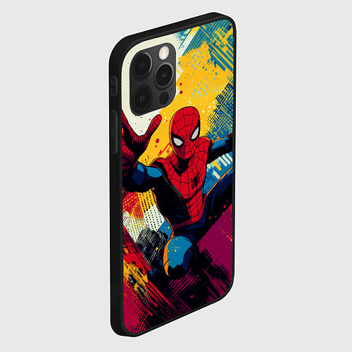 Чехол iPhone 12 Pro Max Человек паук висит на паутине / 3D-Черный – фото 2