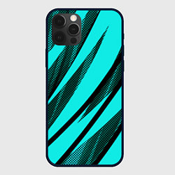 Чехол для iPhone 12 Pro Max Неоновый голубой с чёрным абстракция с полосами, цвет: 3D-черный