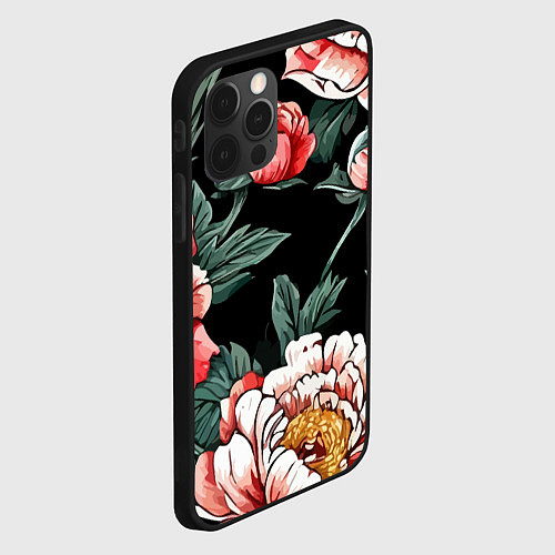 Чехол iPhone 12 Pro Max Пионы винтажный узор / 3D-Черный – фото 2