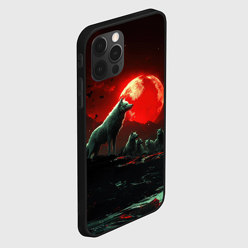Чехол iPhone 12 Pro Max Белый волк на фоне красной луны / 3D-Черный – фото 2
