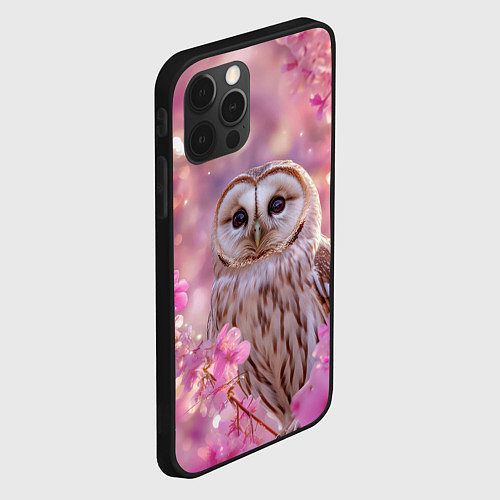 Чехол iPhone 12 Pro Max Белая сова и розовые цветы / 3D-Черный – фото 2