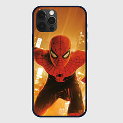 Чехол для iPhone 12 Pro Max Человек-паук на фоне горящего города, цвет: 3D-черный