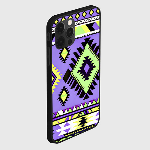 Чехол iPhone 12 Pro Max Геометрический сиренево желтый орнамент ацтеков / 3D-Черный – фото 2